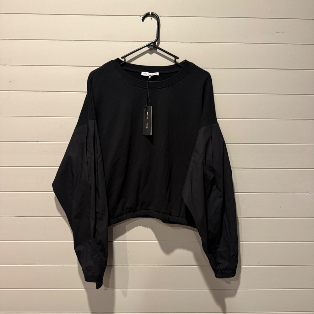 Rebecca Minkoff Julia Combo LS Top Womens XL Black Balloon Sleeve Sweatshirt NWT